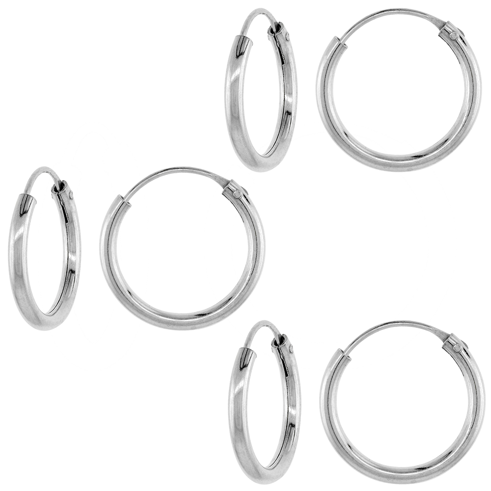 3 Pairs 2mm Thick Sterling Silver 18mm Endless Hoop Earrings 3/4 inch Round