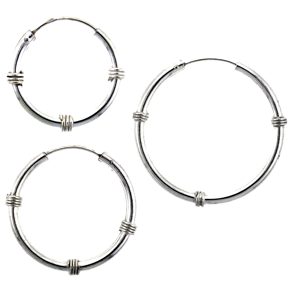 Sterling Silver 20mm, 25mm & 30mm Bali Style Endless Hoop Earrings Set