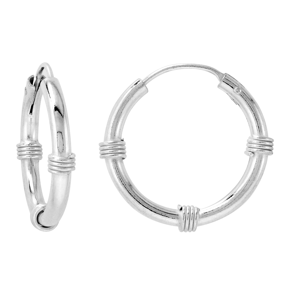 Bali Style 2mm Thick Sterling Silver 20mm Endless Hoop Earrings 3/4 inch Round