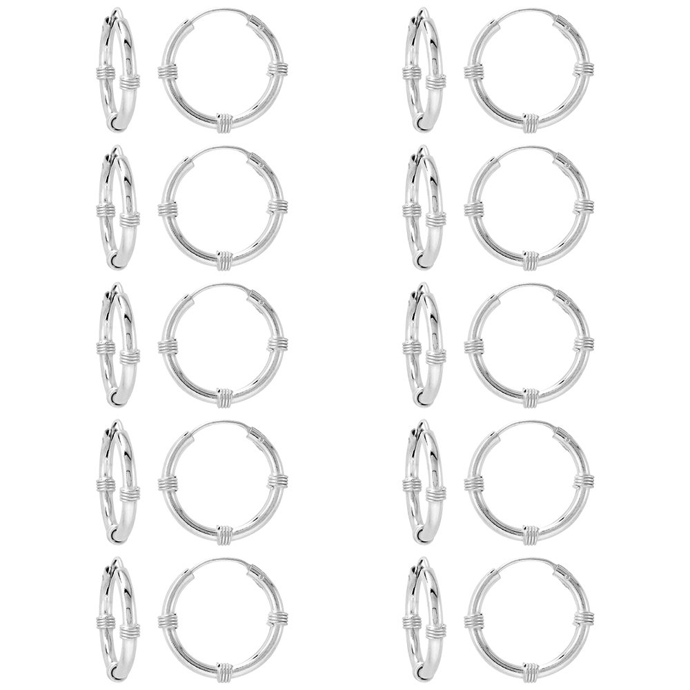 10 Pairs Bali Style 2mm Thick Sterling Silver 20mm Endless Hoop Earrings 3/4 inch Round