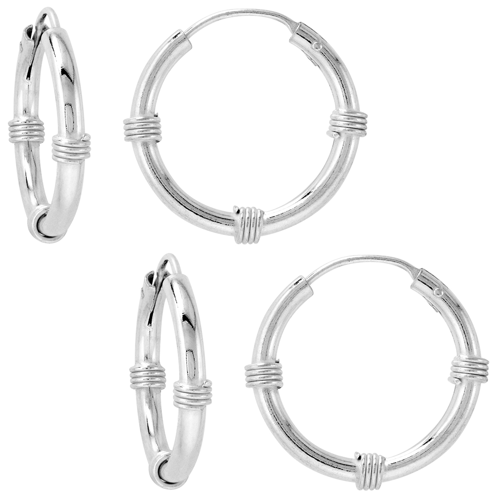 2 Pairs Bali Style 2mm Thick Sterling Silver 20mm Endless Hoop Earrings 3/4 inch Round