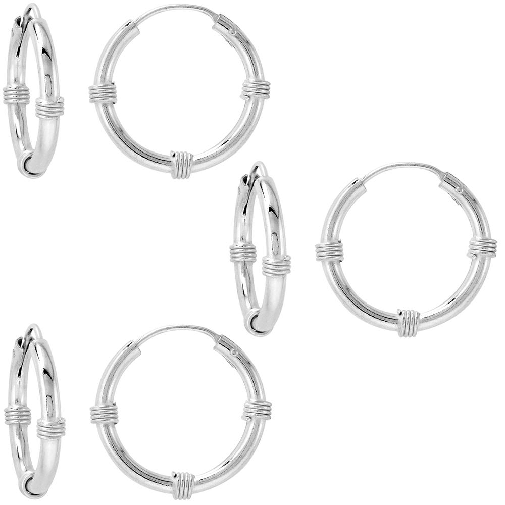 3 Pairs Bali Style 2mm Thick Sterling Silver 20mm Endless Hoop Earrings 3/4 inch Round