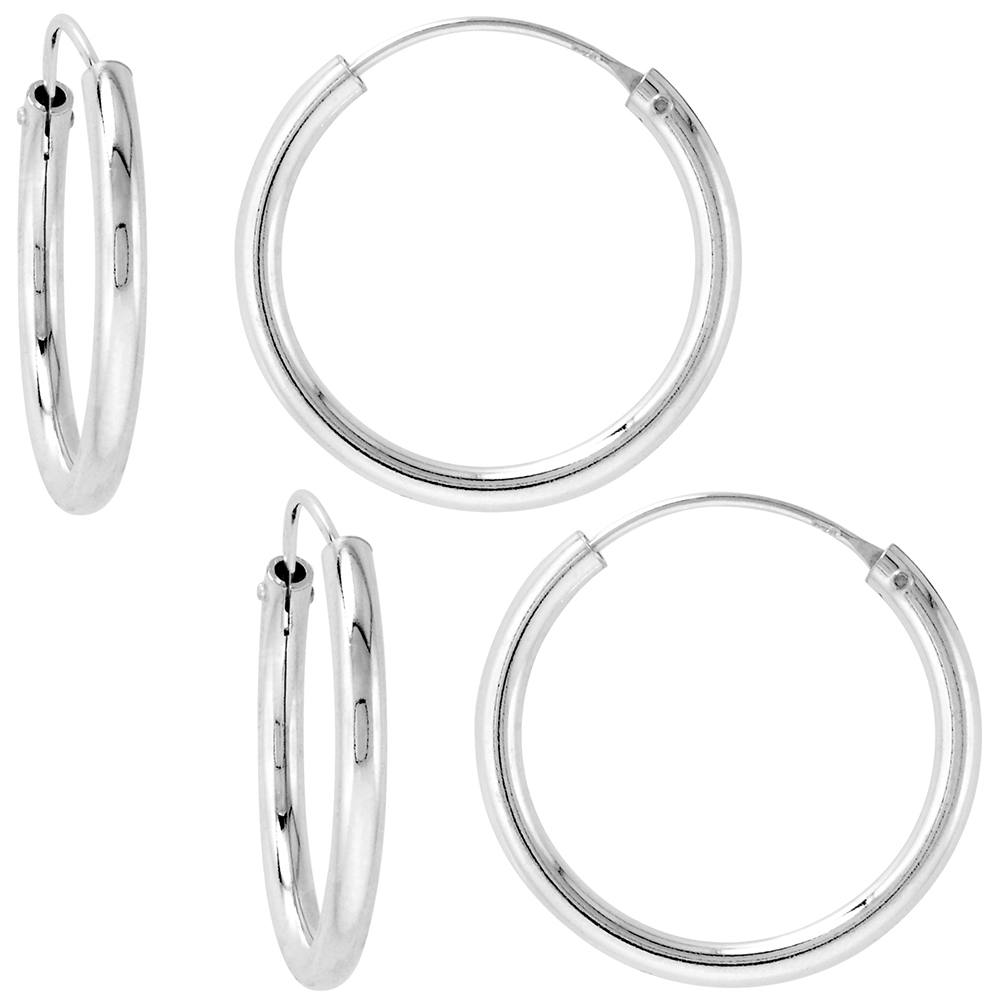 2 Pairs 2mm Thick Sterling Silver 20mm Endless Hoop Earrings 3/4 inch Round
