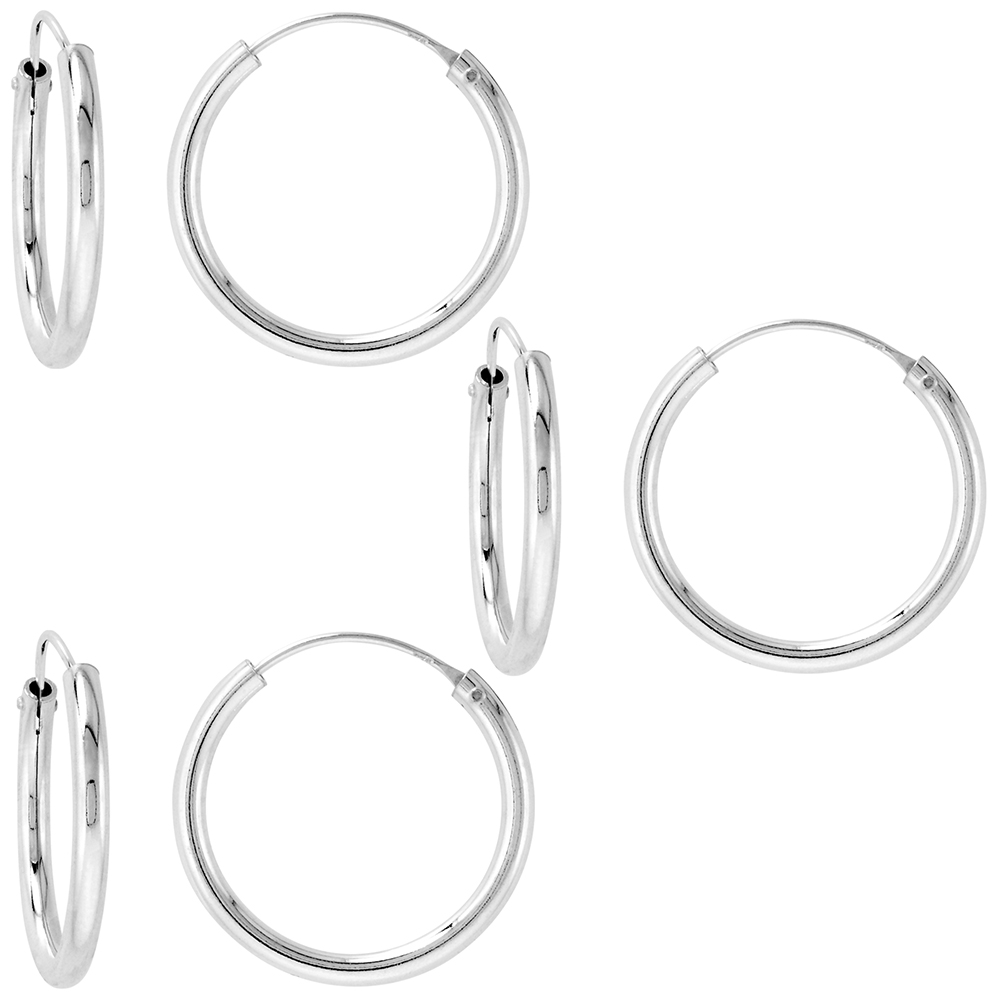 3 Pairs 2mm Thick Sterling Silver 20mm Endless Hoop Earrings 3/4 inch Round