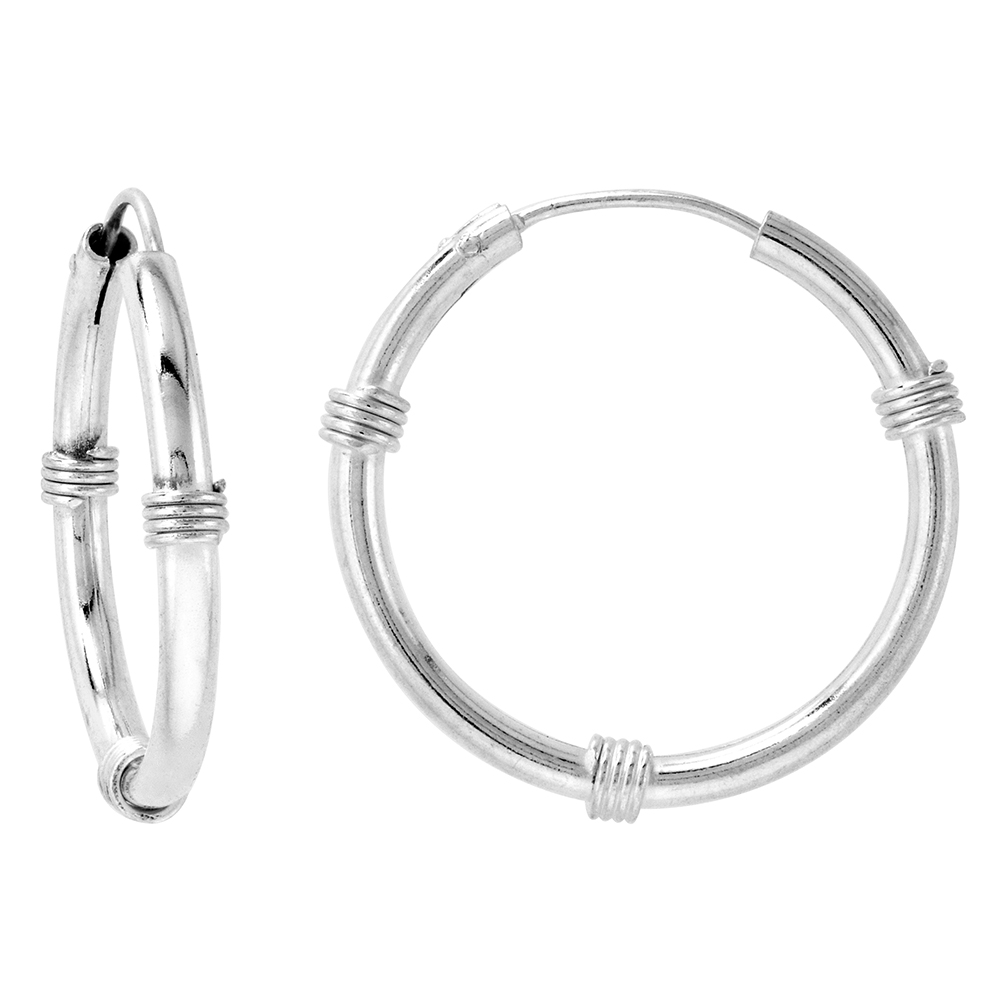 Bali Style 2mm Thick Sterling Silver 25mm Endless Hoop Earrings 1 inch Round