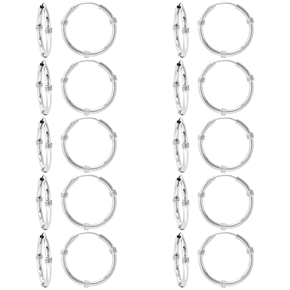 10 Pairs Bali Style 2mm Thick Sterling Silver 25mm Endless Hoop Earrings 1 inch Round