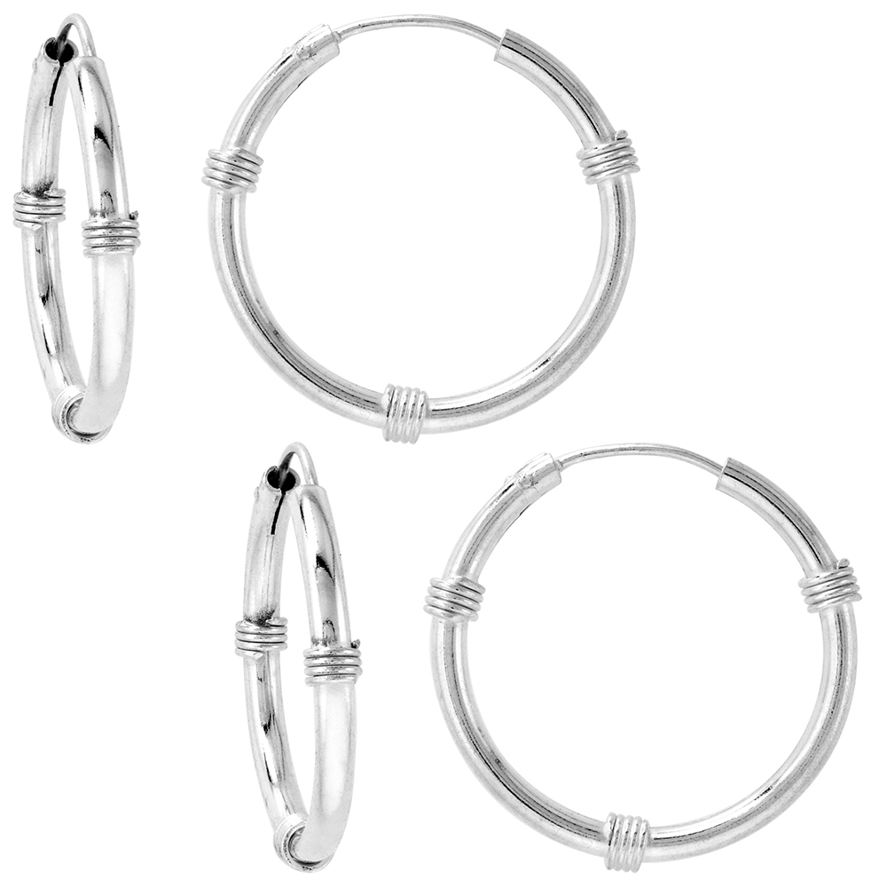 2 Pairs Bali Style 2mm Thick Sterling Silver 25mm Endless Hoop Earrings 1 inch Round