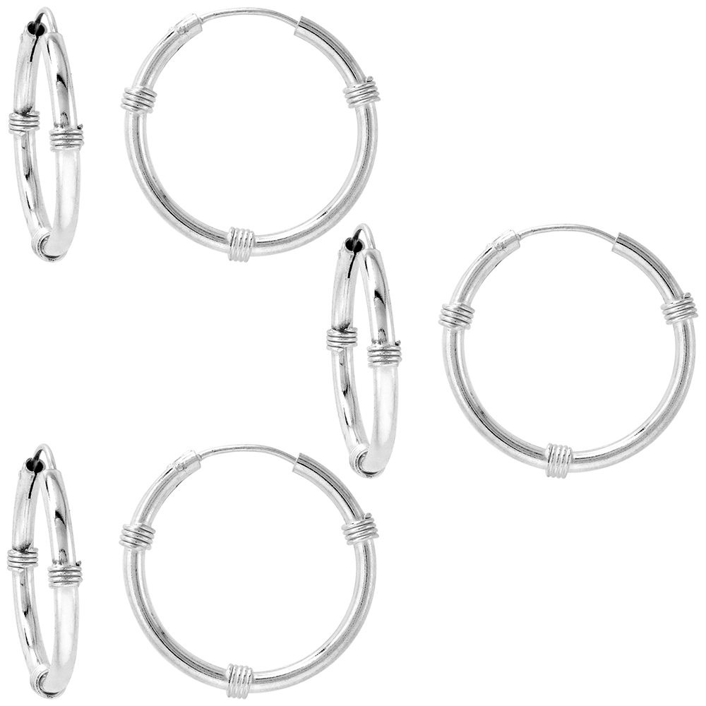 3 Pairs Bali Style 2mm Thick Sterling Silver 25mm Endless Hoop Earrings 1 inch Round