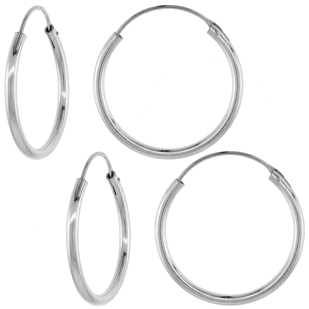 2 Pairs 2mm Thick Sterling Silver 25mm Endless Hoop Earrings 1 inch Round