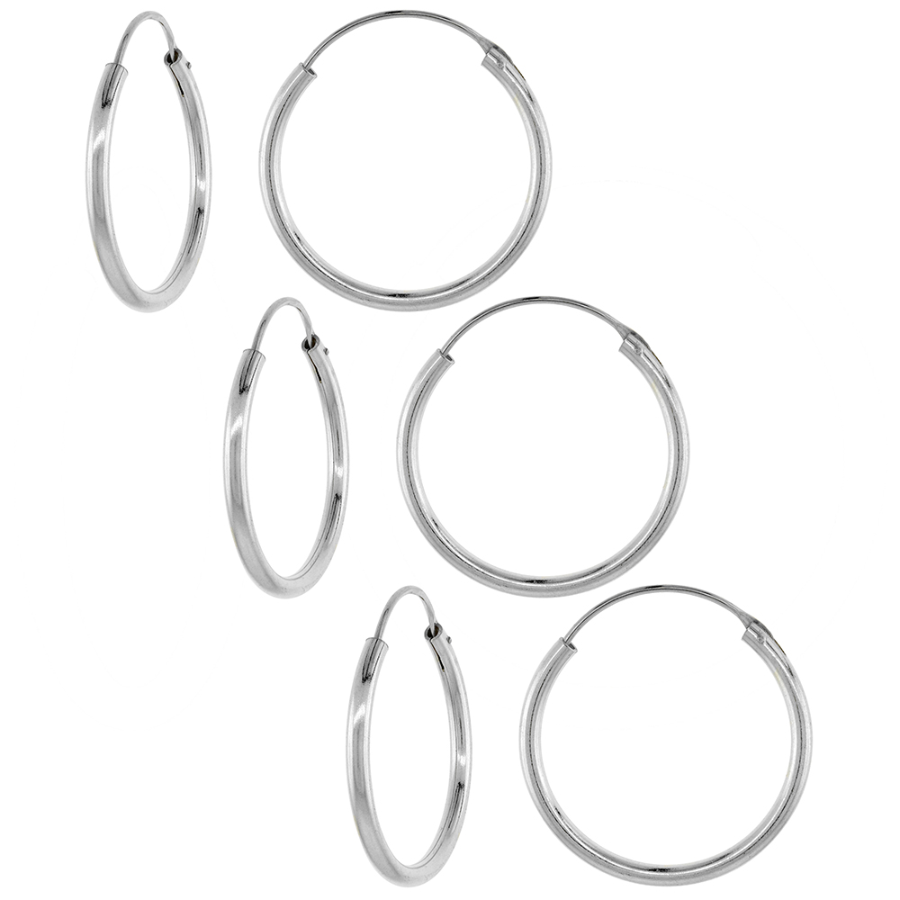 3 Pairs 2mm Thick Sterling Silver 25mm Endless Hoop Earrings 1 inch Round