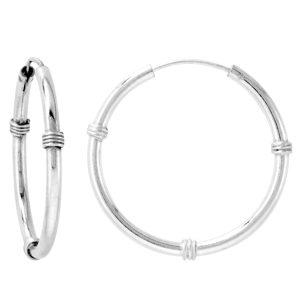 Bali Style 2mm Thick Sterling Silver 30mm Endless Hoop Earrings 1 1/4 inch Round