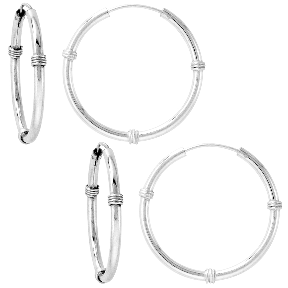 2 Pairs Bali Style 2mm Thick Sterling Silver 30mm Endless Hoop Earrings 1 1/4 inch Round