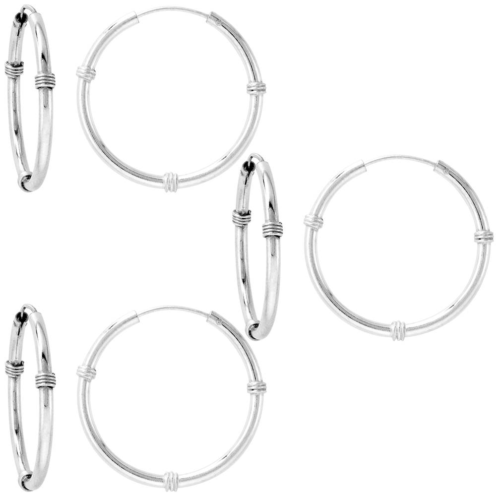 3 Pairs Bali Style 2mm Thick Sterling Silver 30mm Endless Hoop Earrings 1 1/4 inch Round