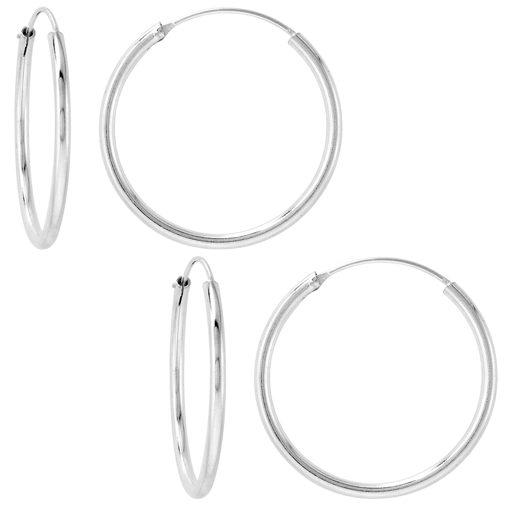2 Pairs 2mm Thick Sterling Silver 30mm Endless Hoop Earrings 1 1/4 inch Round