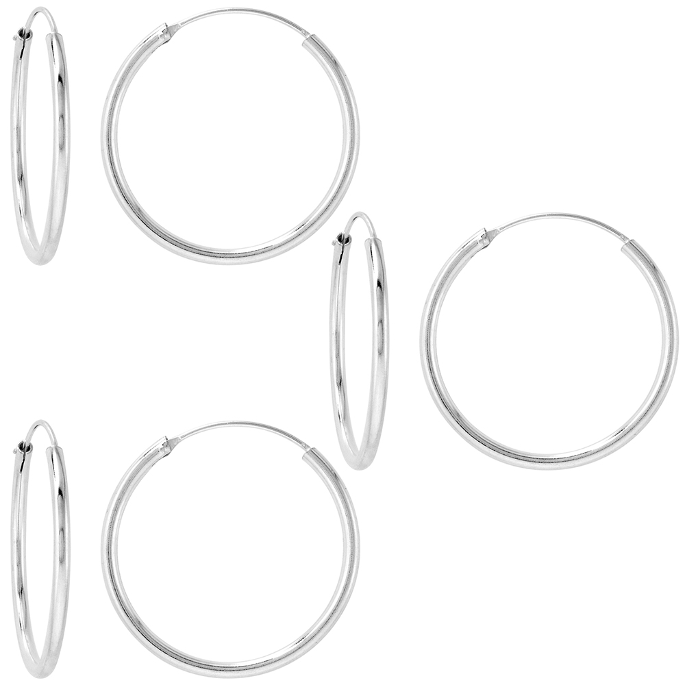 3 Pairs 2mm Thick Sterling Silver 30mm Endless Hoop Earrings 1 1/4 inch Round