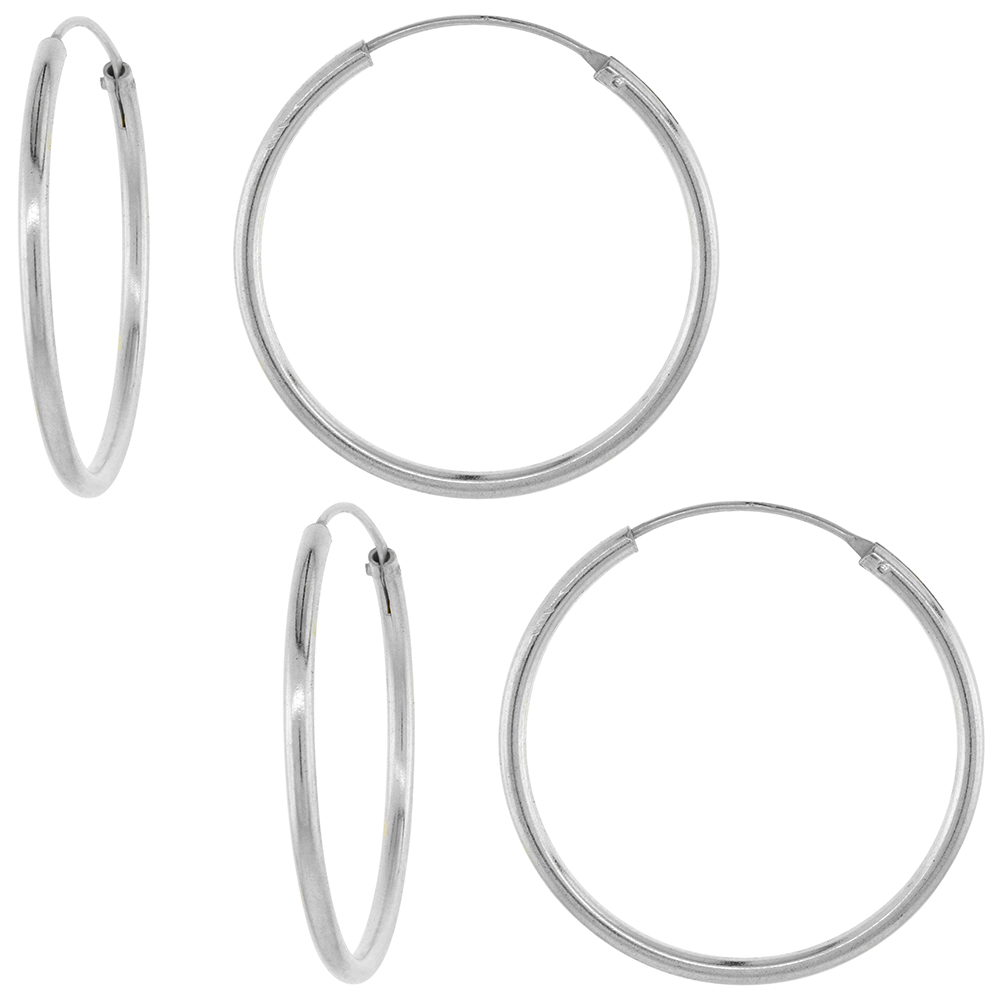 2 Pairs 2mm Thick Sterling Silver 35mm Endless Hoop Earrings 1 3/8 inch Round