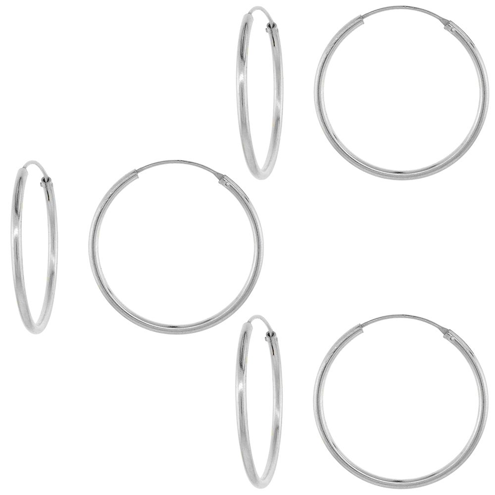 3 Pairs 2mm Thick Sterling Silver 35mm Endless Hoop Earrings 1 3/8 inch Round