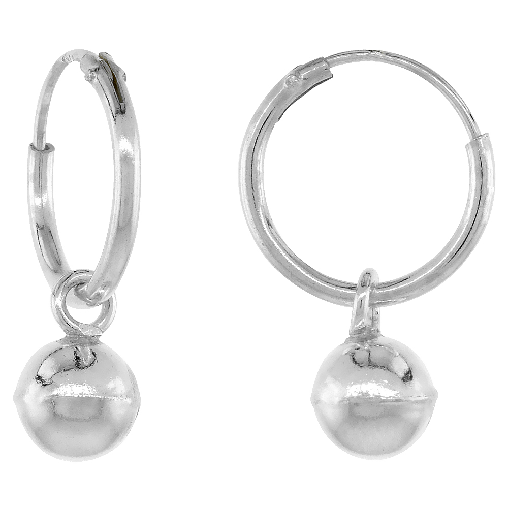 Sterling Silver Endless Hoop Earrings with Ball, 1/2 inch diameter