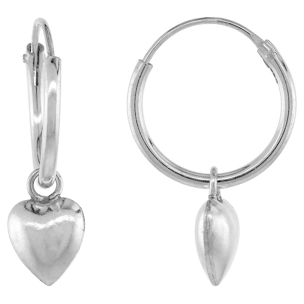 Sterling Silver Endless Hoop Earrings with Heart, 1/2 inch diameter