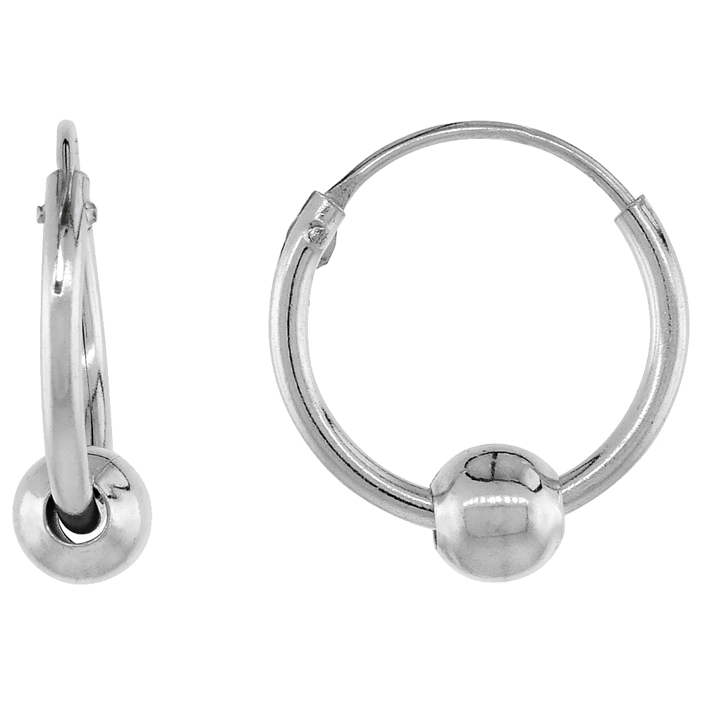 Sterling Silver Endless Hoop Earrings with Bead, 1/2 inch diameter