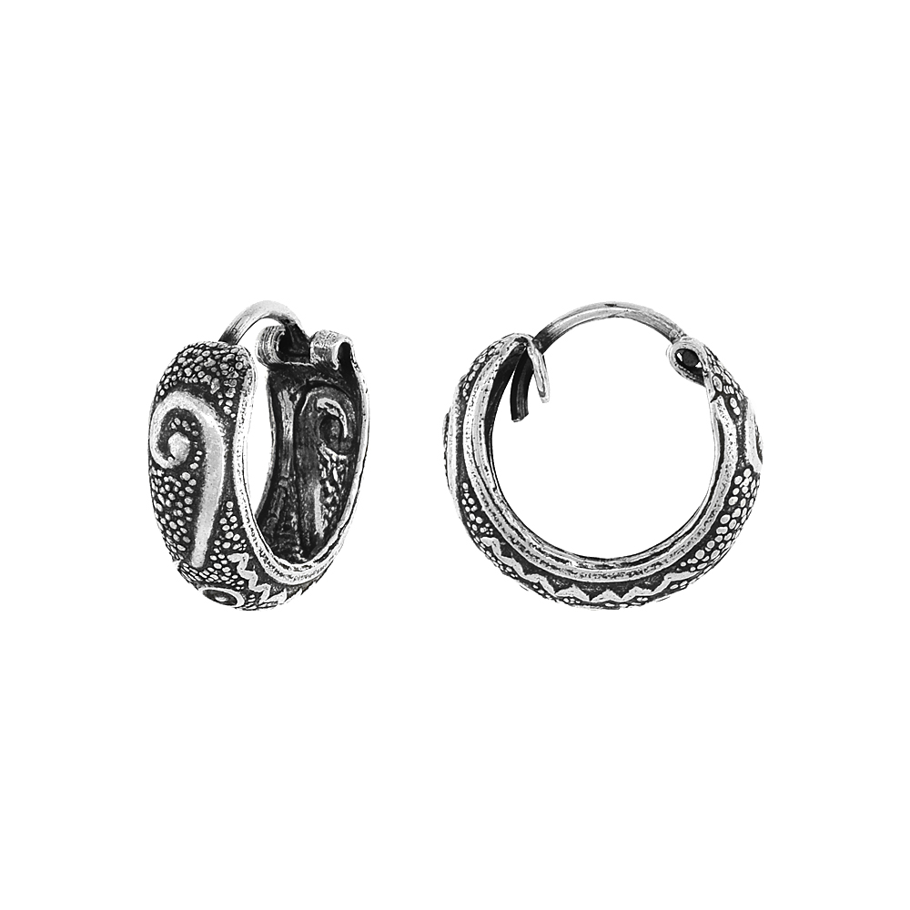 STERLING SILVER TINY 1/2 INCH SWIRL HOOP EARRINGS FOR WOMEN & MEN HALF ROUND HINGED OXIDIZED FINISH