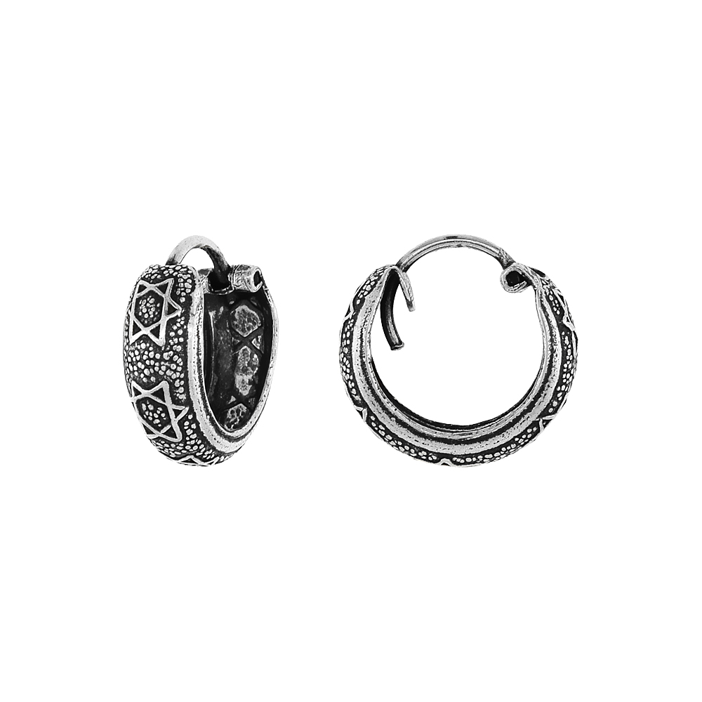 STERLING SILVER TINY 1/2 INCH STAR OF DAVID HOOP EARRINGS FOR WOMEN & MEN HALF ROUND HINGED OXIDIZED FINISH