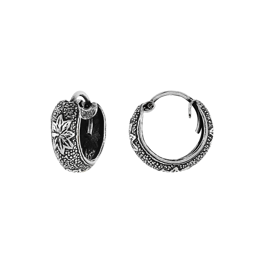 STERLING SILVER TINY 1/2 INCH MAPLE LEAF HOOP EARRINGS FOR WOMEN & MEN HALF ROUND HINGED OXIDIZED FINISH