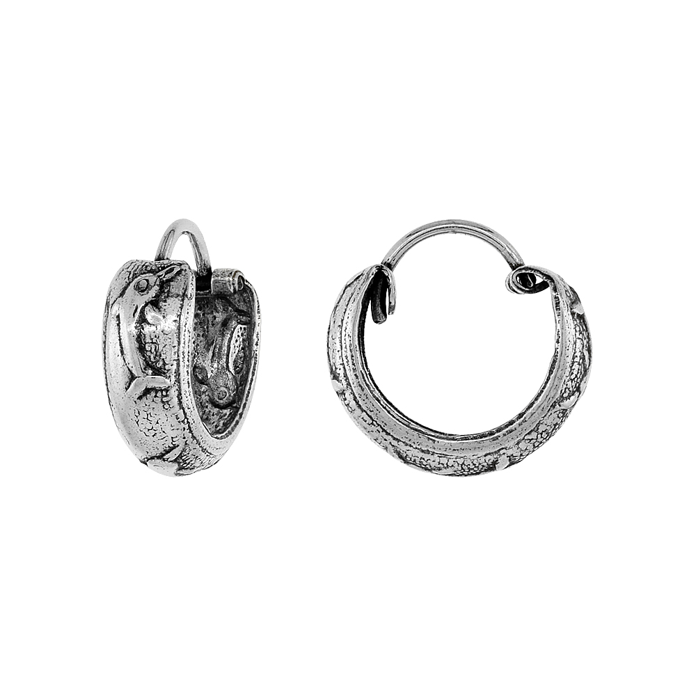STERLING SILVER TINY 1/2 INCH DOLPHIN HOOP EARRINGS FOR WOMEN & MEN HALF ROUND HINGED OXIDIZED FINISH