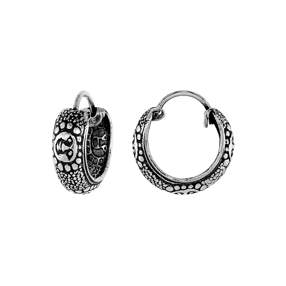 STERLING SILVER TINY 1/2 INCH SUN GOD SURYA HOOP EARRINGS FOR WOMEN & MEN HALF ROUND HINGED OXIDIZED FINISH