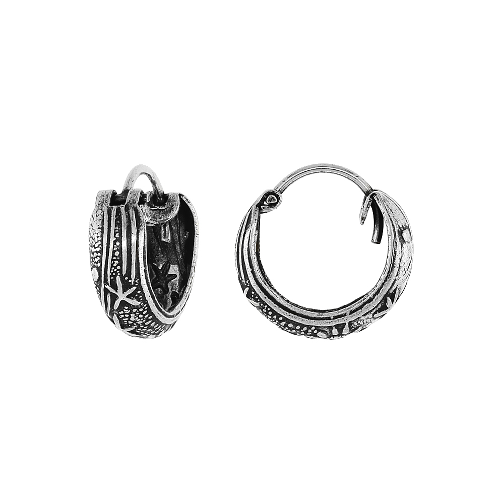 2 Pair Pack Sterling Silver Tiny 1/2 inch Celestial Hoop Earrings for Women & Girls Half Round Hinged Oxidized finish