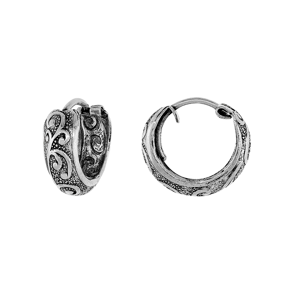 STERLING SILVER TINY 1/2 INCH SCROLL HOOP EARRINGS FOR WOMEN & MEN HALF ROUND HINGED OXIDIZED FINISH