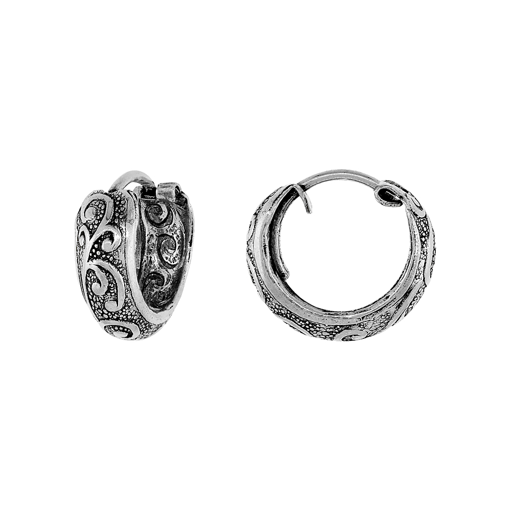 Sterling Silver Tiny 1/2 inch Scroll Hoop Earrings for Women &amp; Girls Half Round Hinged Oxidized finish