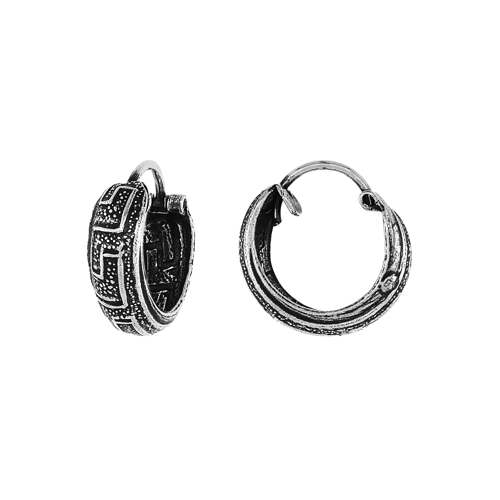 STERLING SILVER TINY 1/2 INCH GREEK KEY HOOP EARRINGS FOR WOMEN & MEN HALF ROUND HINGED OXIDIZED FINISH