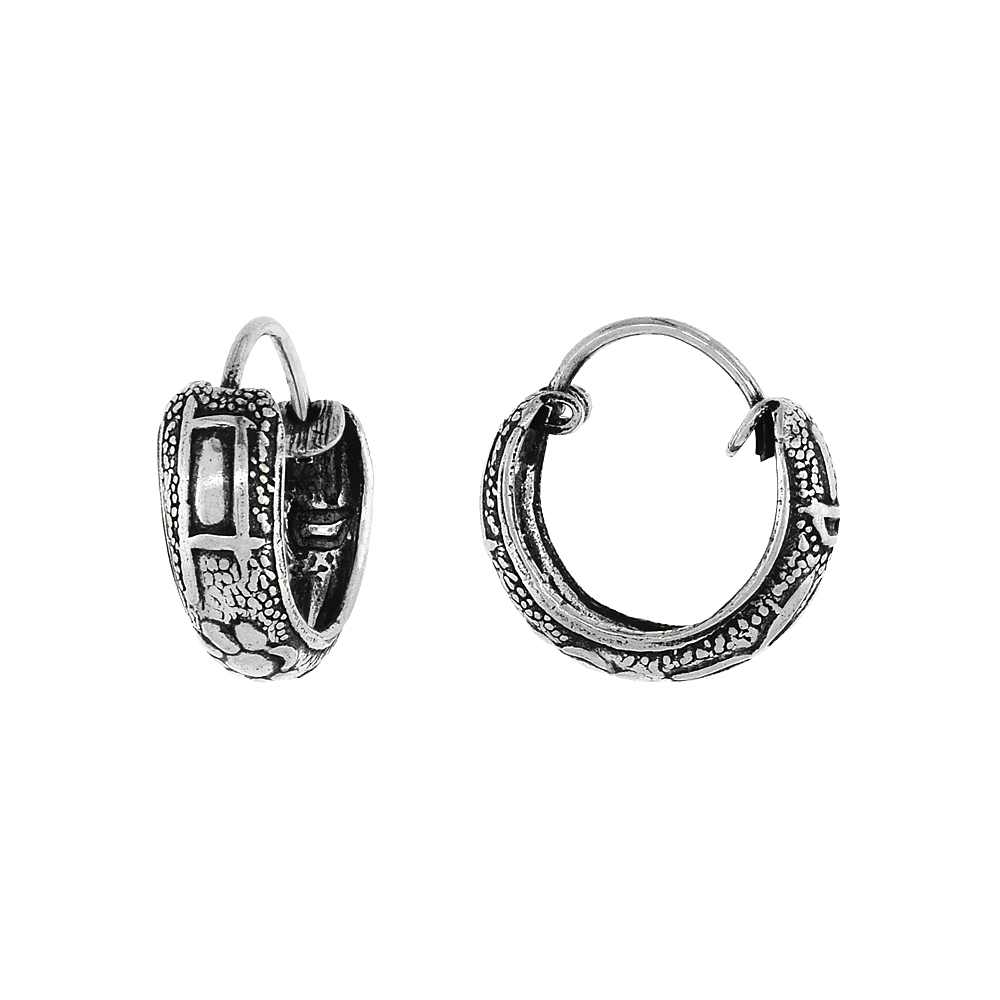 STERLING SILVER TINY 1/2 INCH SUNFLOWER HOOP EARRINGS FOR WOMEN & MEN HALF ROUND HINGED OXIDIZED FINISH