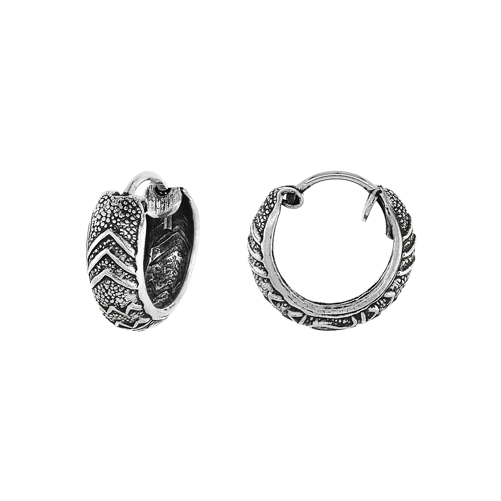 2 Pair Pack Sterling Silver Tiny 1/2 inch Chevron Hoop Earrings for Women & Girls Half Round Hinged Oxidized finish