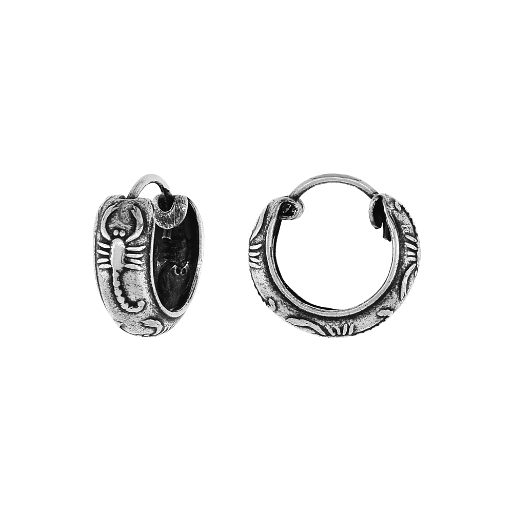 STERLING SILVER TINY 1/2 INCH SCORPION HOOP EARRINGS FOR WOMEN & MEN HALF ROUND HINGED OXIDIZED FINISH
