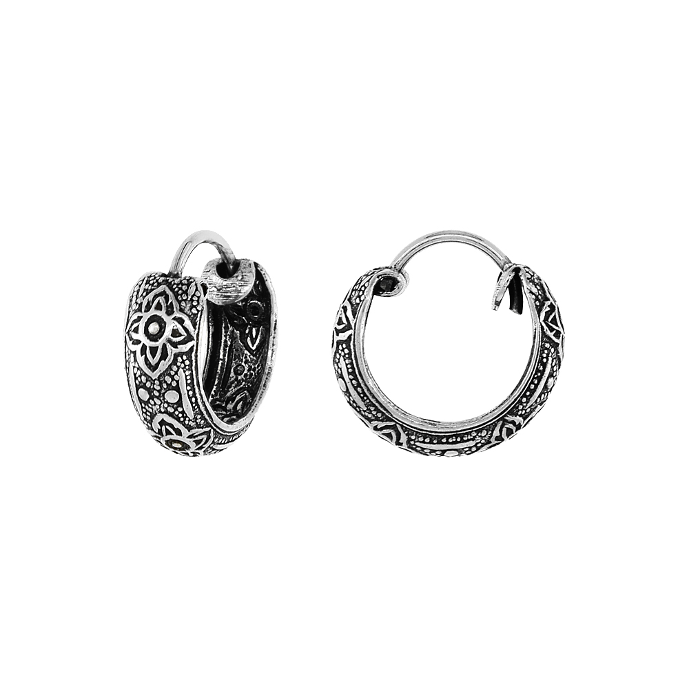 STERLING SILVER TINY 1/2 INCH QUATREFOIL FLOWER HOOP EARRINGS FOR WOMEN & MEN HALF ROUND HINGED OXIDIZED FINISH