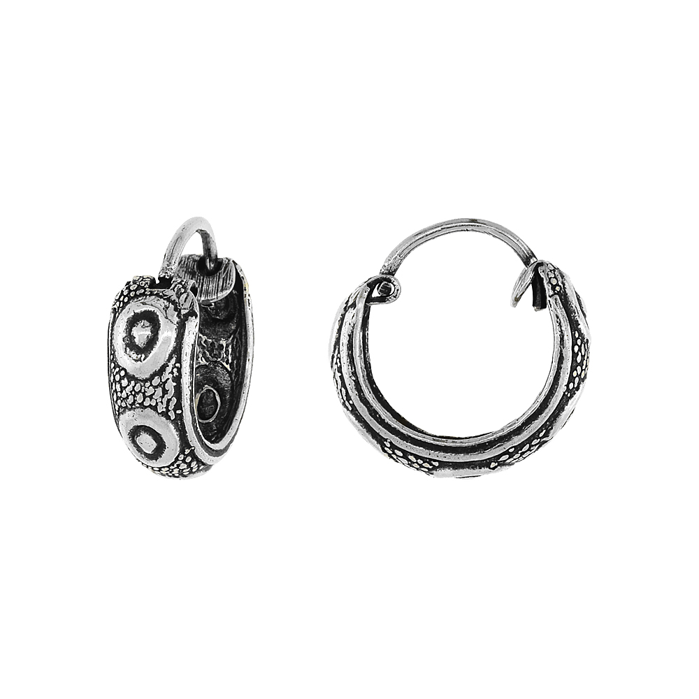 STERLING SILVER TINY 1/2 INCH EVIL EYES HOOP EARRINGS FOR WOMEN & MEN HALF ROUND HINGED OXIDIZED FINISH