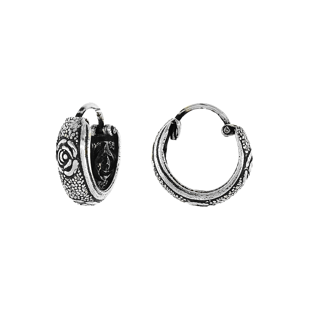 STERLING SILVER TINY 1/2 INCH ROSE HOOP EARRINGS FOR WOMEN & MEN HALF ROUND HINGED OXIDIZED FINISH