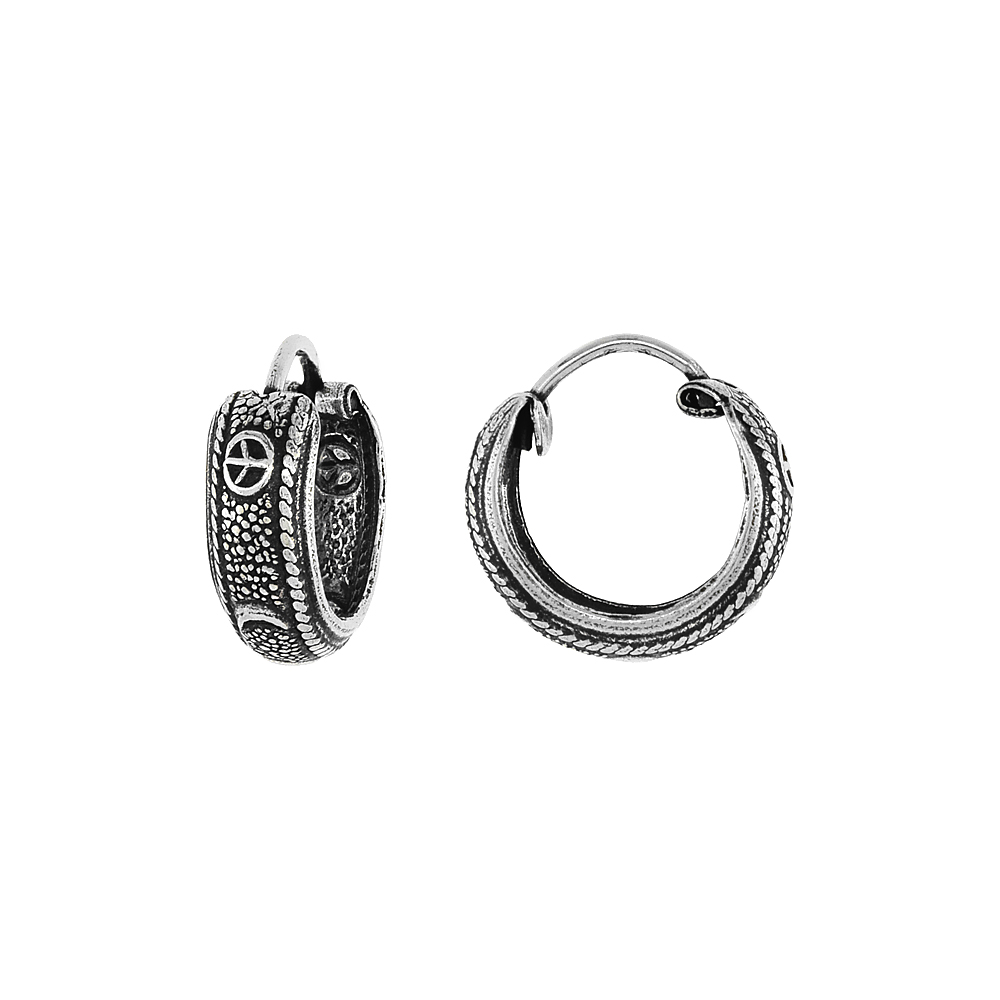 STERLING SILVER TINY 1/2 INCH PEACE SIGN & CRESCENT MOON HOOP EARRINGS FOR WOMEN & MEN HALF ROUND HINGED OXIDIZED FINISH