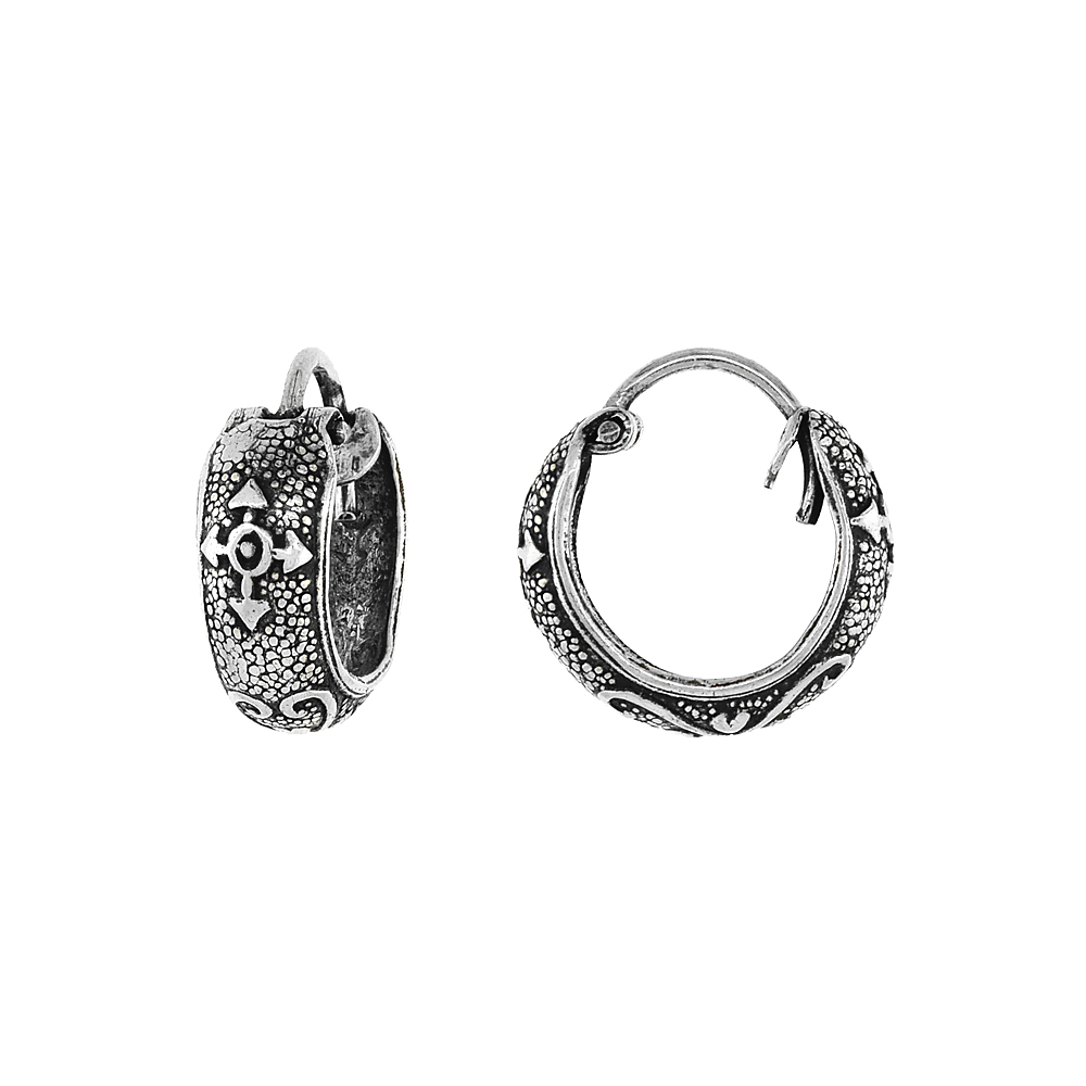 STERLING SILVER TINY 1/2 INCH CROSSES & HEARTS HOOP EARRINGS FOR WOMEN & MEN HALF ROUND HINGED OXIDIZED FINISH