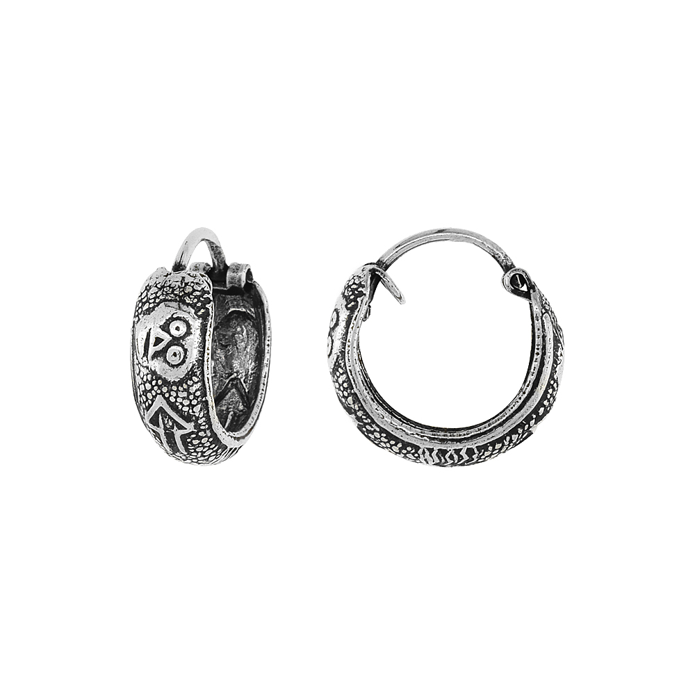 STERLING SILVER TINY 1/2 INCH SKULLS HOOP EARRINGS FOR WOMEN & MEN HALF ROUND HINGED OXIDIZED FINISH