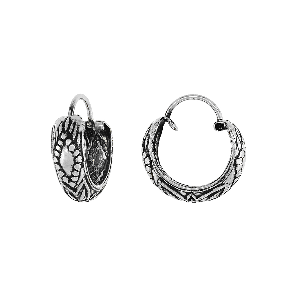STERLING SILVER TINY 1/2 INCH FLORAL HOOP EARRINGS FOR WOMEN & MEN HALF ROUND HINGED OXIDIZED FINISH