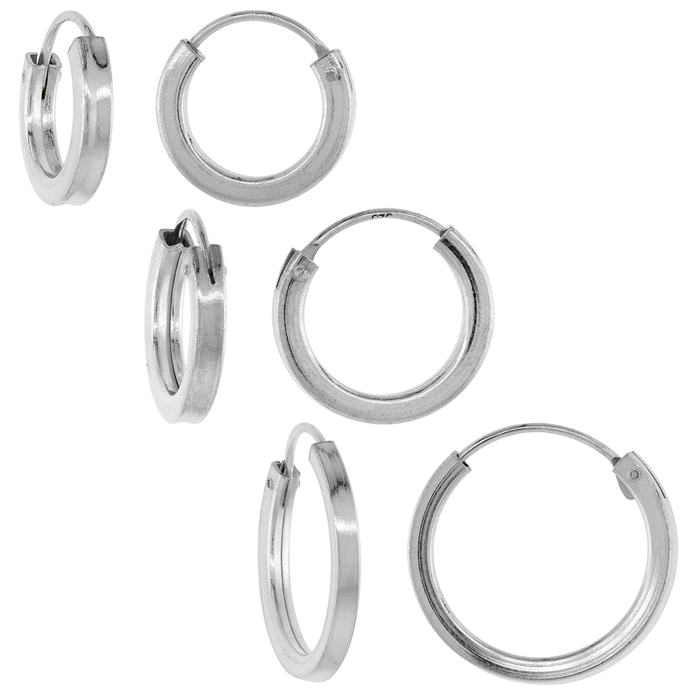 3-PAIR SET Sterling Silver 14-16-18 mm Endless Hoop Earring for Women 2mm Square Tubing