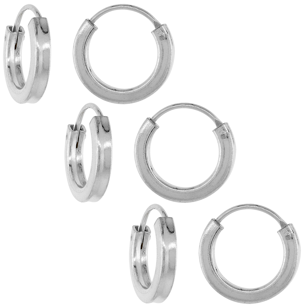 3-Pack Sterling Silver 14mm Endless Hoop Earring for Women 2mm Square Tubing 9/16 inch diameter