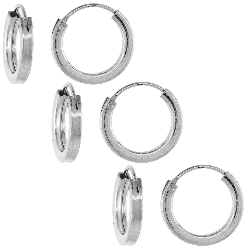 3-Pack Sterling Silver 16mm Endless Hoop Earring for Women 2mm Square Tubing 5/8 inch diameter