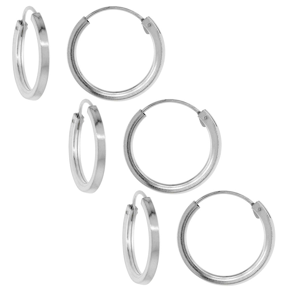 3-Pack Sterling Silver 18mm Endless Hoop Earring for Women 2mm Square Tubing 3/4 inch diameter