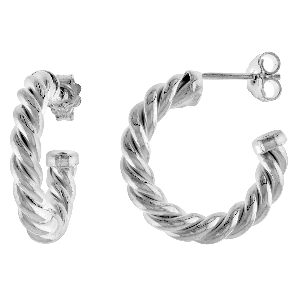 3/4 inch (20mm) Sterling Silver Twisted Tube Post Hoop Earrings for Women 4mm thick