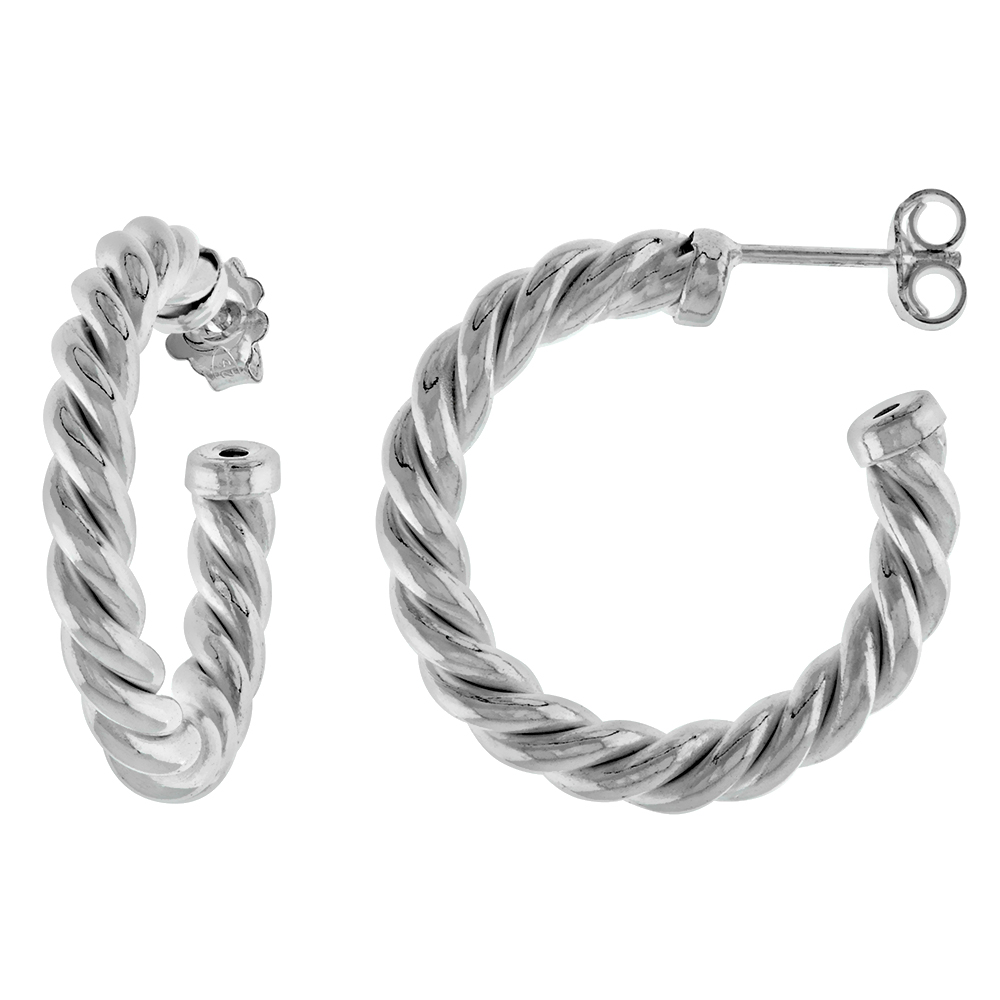1 inch (25mm) Sterling Silver Twisted Tube Post Hoop Earrings for Women 4mm thick