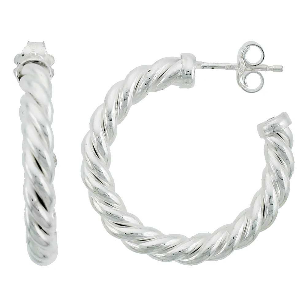1 3/8 inch (35mm) Sterling Silver Twisted Tube Post Hoop Earrings for Women 4mm thick